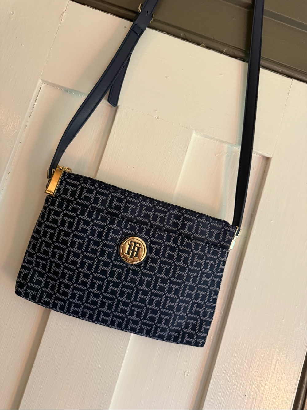 Tommy Hilfiger Navy and Gold Monogram Crossbody Bag